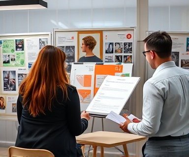 Creative visibility strategy, focused demeanor, drafting a marketing plan, photorealistic, in a creative studio with mood boards, highly detailed, brainstorming team around, 8K resolution, inspiring colors, diffused lighting, shot with a 24mm lens.