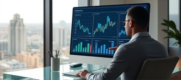 focused customer journey analyst, analyzing, pointing at complex graphs on a computer screen, photorealistic, minimalist office with a large window view of the city, highly detailed, layered data charts, cool daylight lighting, shot with a 50mm lens