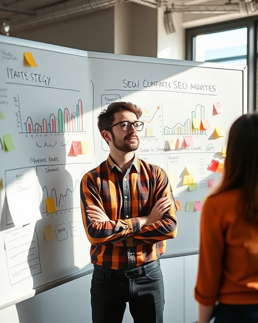 innovative marketer, thoughtful, brainstorming SEO strategy, photorealistic, whiteboard filled with graphs and notes in a modern office, highly detailed, sticky notes falling off, vibrant, daylight streaming in, shot with a 35mm lens.