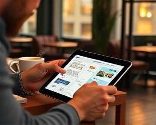 strategic marketer, methodical, mapping out SEO strategy on a digital tablet, photorealistic, cozy cafe with a steaming cup of coffee, highly detailed, swiping through slides, rich, golden hour light, shot with a 35mm lens.