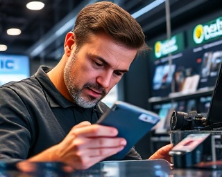 Reviewer assessing detailed Pix features, engrossed expression, examining product closely, photorealistic, tech store with gadgets display, highly detailed, reflections on products, 85mm lens, bright store lights