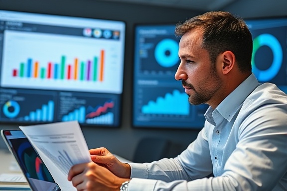 cost reduction strategies, focused expression, analyzing financial reports, photorealistic, corporate meeting room with large screens and interactive charts, highly detailed, dynamic graphs and pie charts, 8K resolution, neutral tones with accents of blue, balanced artificial lighting, shot with a macro lens