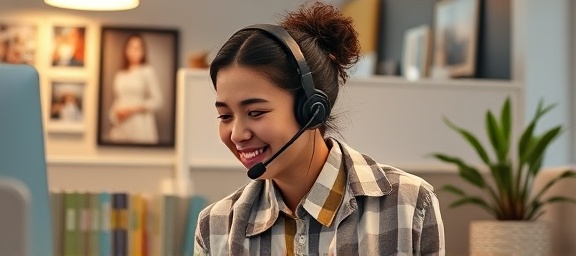 empathetic customer support agent, reassuring, answering a call with a headset, photorealistic, cozy office cubicle adorned with personal photos and a plant, highly detailed, subtle background chatter, bright and natural lighting, shot with an 85mm lens