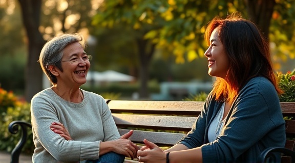Satisfied user discussing Pix testimonials, happy expression, talking to a friend, photorealistic, park bench with greenery and birds, highly detailed, animated conversation gestures, 50mm lens, golden hour light